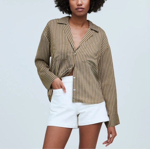 Madewell Striped Casual Button Down Shirt Brown & White Size XL - Picture 1 of 6